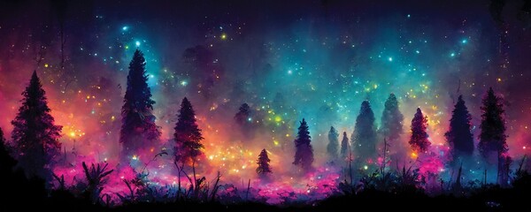 Fototapeta na wymiar Fantasy landscape, magical night, fairy tale forest. Digital art, ai artwork, background or wallpaper