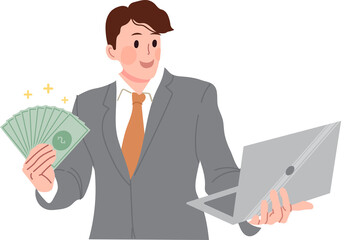 Man working and holding money with a laptop.