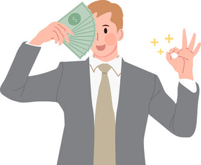 Businessman make okay gesture and smiling with cash.