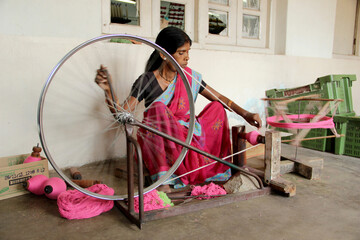 Woman Makes Cotton Thread. Cotton Factory in India. Local Factory. Cotton Industy