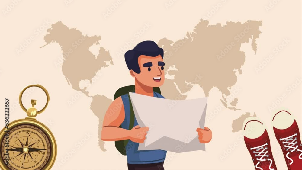 Poster male traveler with paper map animation