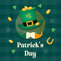Happy Saint Patricks day design elements. Shamrock cloverleaf, green leprechaun hat, mustache in colors of Irish flag, shiny coins and horseshoe for good luck. St. Patricks Day flyer, brochure, invita