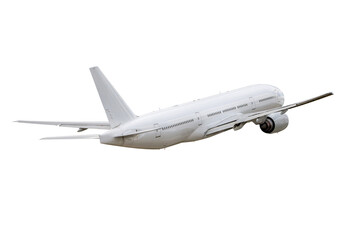 White wide body passenger airliner flying isolated on transparent background