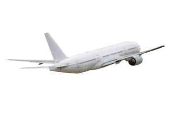 White wide body passenger airliner flying isolated on transparent background