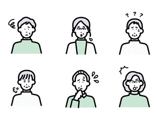 ネガティブな感情の高齢者のアバターイラストセット