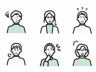 ネガティブな感情の高齢者のアバターイラストセット