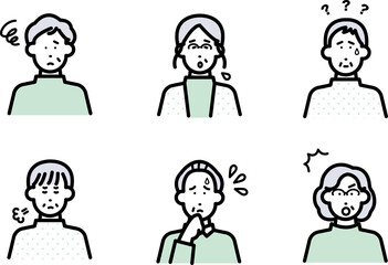 ネガティブな感情の高齢者のアバターイラストセット