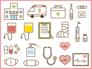 病院、医療機器、薬などイラストアイコンセット