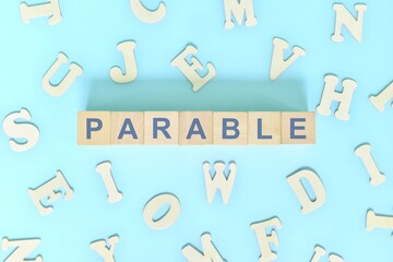 Parable narrative form in english literature concept. Wooden blocks typography word flat lay in blue background.