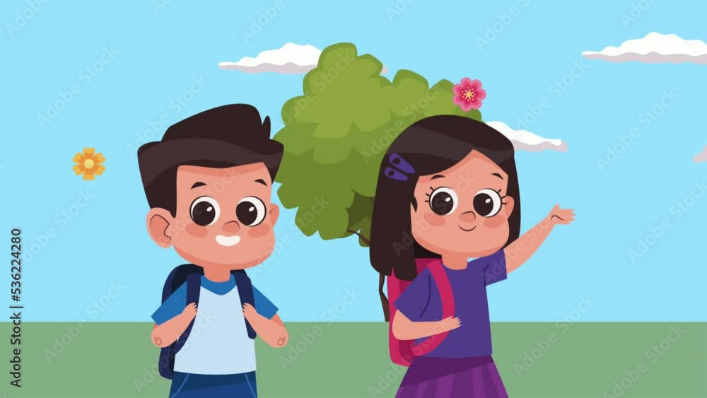 Poster little school kids couple characters animation