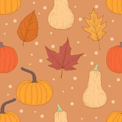happy thanksgiving greeting seamless pattern with pumpkins, butternut squash, maple leaves or leaf Vector illustration for Thanksgiving autumn, harvest festival. Template for poster, banner, cards