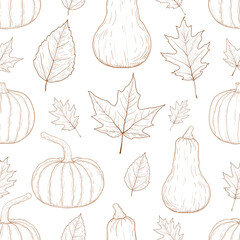 happy thanksgiving greeting seamless pattern hand drawn with pumpkins, butternut squash, maple leaves or leaf Vector. autumn, harvest festival. Template for poster, banner, cards