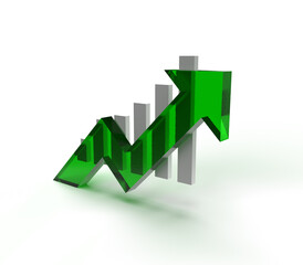 Fototapeta premium Green glass effect arrow and graph. Growing business concept.3D rendering.
