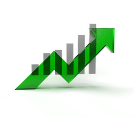 Green glass effect arrow and graph. Growing business concept.3D rendering.