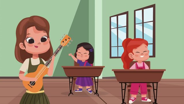 female teacher playing guitar character