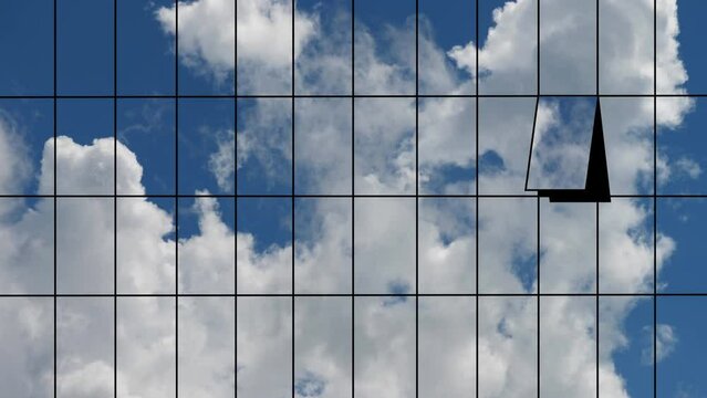 White fluffy clouds on blue sky mirrored in glass building facade with one window opened
