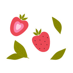 Strawberry and green tea leaves on white back