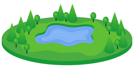 Isometric sticker of a lawn with a lake in a coniferous deciduous forest. Vector illustration of a natural landscape, isolated on a transparent background