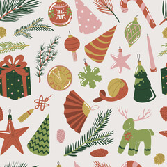 Seamless pattern for the new year and Christmas. Winter ornament for paper and textile. Gift wrapping, scrapbooking, homemade Christmas textiles. Flat style in vector illustration.