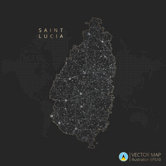 Saint Lucia map abstract geometric mesh polygonal light concept with black and white glowing contour lines countries and dots on dark background. Vector illustration