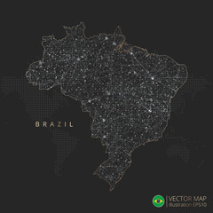 Brazil map abstract geometric mesh polygonal light concept with black and white glowing contour lines countries and dots on dark background. Vector illustration