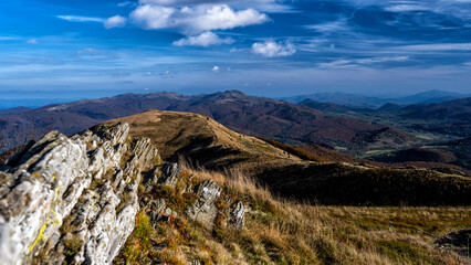 Burst of autumn colors in the mountains. Polonina Carynska, Bieszczady National Park, Carpathians, Poland.