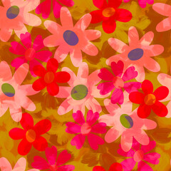 Simple layered transparent large flowers on a muted yellow brown seamless background