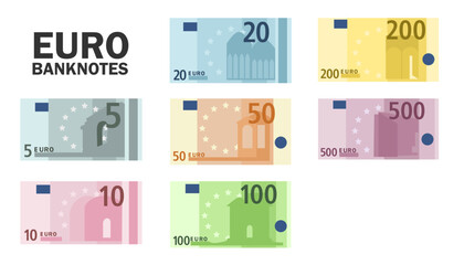 Simple icons of euro banknotes for wallet isolated on white background. Cartoon money of bank in Europe flat vector illustration set. Cash of denomination of 5, 10, 20, 50, 100, 200, 500 euro notes