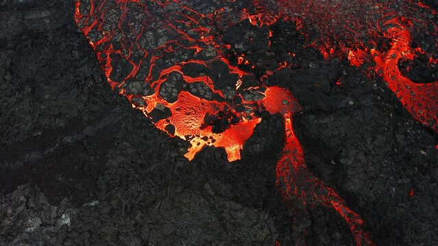 Active vulcano erupting lava and magma in Iceland, Fagradalsfjall 2022. Areal rise up, lava river.