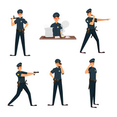 Policeman character in action poses set. Vector illustrations of patrol officer in cop outfit with gun and badge. Cartoon whistle of guard, pursuit of criminal isolated on white. Police, law concept