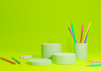 Bright, lime, neon green 3D illustration back to school product display three podium or stand, horizontal image from side with pencils and chalk on table for product photography background