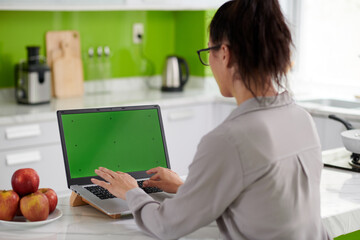 Obraz na płótnie Canvas Young brunette female freelancer sitting in front of laptop with green screen