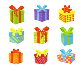 Color gift boxes on white background cartoon vector illustration set. Stack of wraps with ribbons for Christmas, New Year or birthday present. Surprise, holiday, party concept