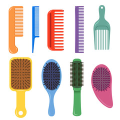 Plastic combs and professional brushes for hair styling. Different hairbrushes cartoon vector illustration set. Accessories, stylist and beauty salon tools, grooming, hairdressing equipment concept - obrazy, fototapety, plakaty