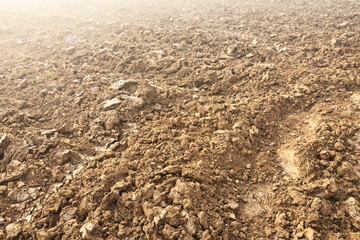 Farm vehicles track on rich brown soil of plowed farmland before planting season. Modern agricultural farming using more machine and technology to maximize profit and minimize cost.