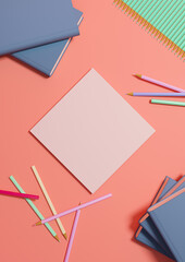 Bright, neon, salmon pink 3D illustration back to school product display one podium or stand top view, flat lay, from above with pencils, and books on table for product photography background 