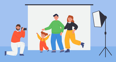 Cartoon photographer taking pictures of happy young parents and kid. Cute male and female characters posing for professional shooting photography flat vector illustration. Photo studio, family concept