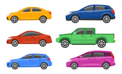 Cars of different types and colors vector illustrations set. Car designs, side view of hatchback, sedan, coupe, SUV, pickup truck isolated on white background. Transport, transportation concept