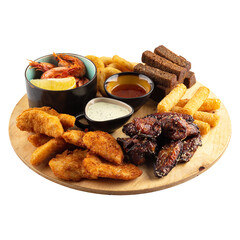 Beer fried snack platter on wooden tray