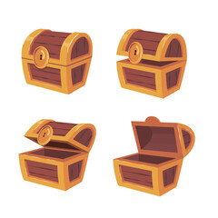 Empty old wooden chest for gold treasure set. Vector illustrations of key frames animation. Cartoon open and closed wood box of lucky pirate isolated on white. Game reward, UI elements concept