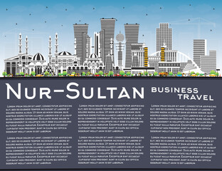 Nur-Sultan Kazakhstan City Skyline with Color Buildings, Blue Sky and Copy Space.