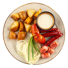 Portion of assorted sausages appetizer with sauce