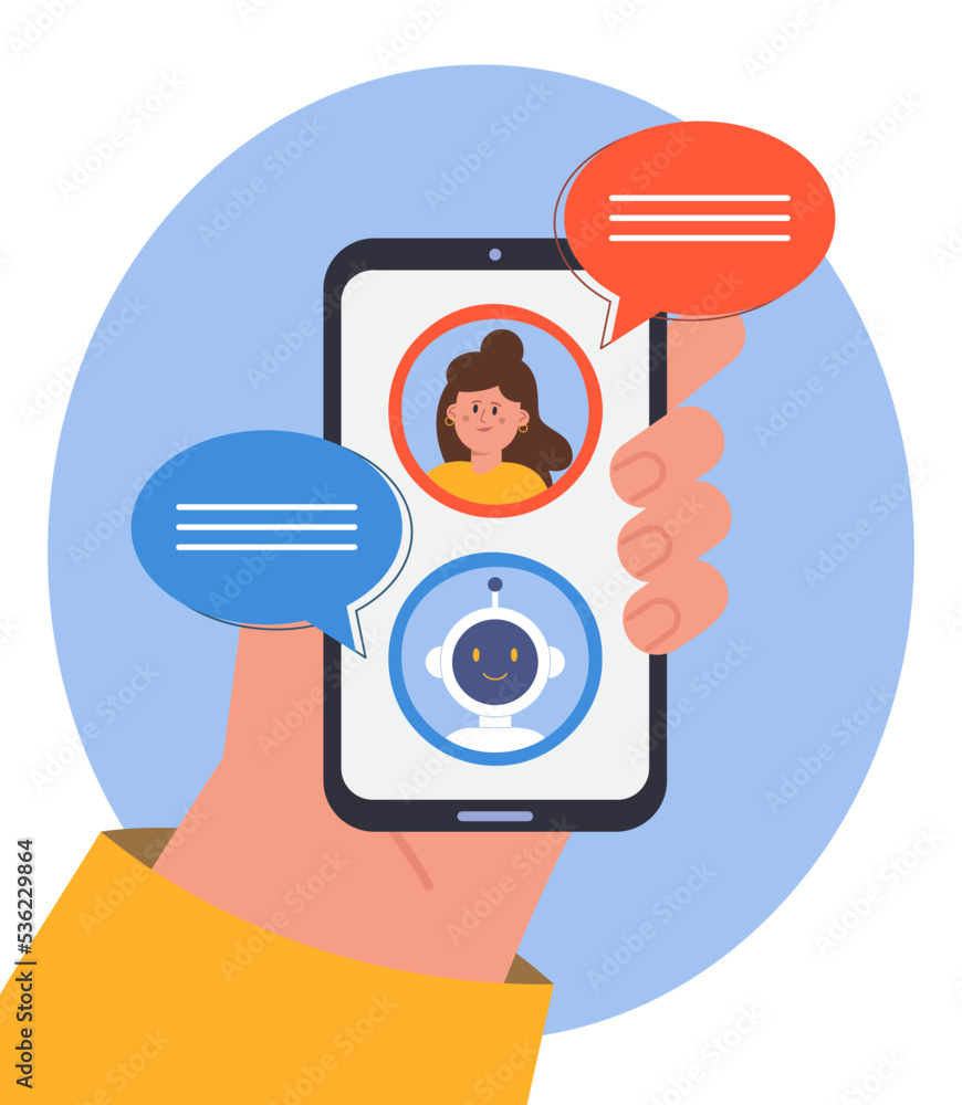 Poster online chat between customer and bot in messenger. hand holding mobile phone with messages from chat