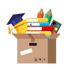 School supplies in a cardboard box. Vector illustration isolated on white background.