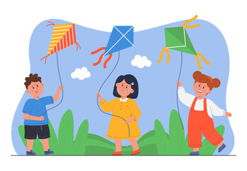 Obraz na płótnie Canvas Kids holding kite flying on rope in wind. Cute happy preschool boy and girls playing fun game with air toys on summer walk in park flat vector illustration. Childhood, experience of freedom concept