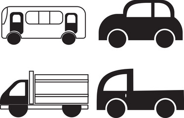 icon pack of black and white transportation means cars, trucks, pick ups and buses