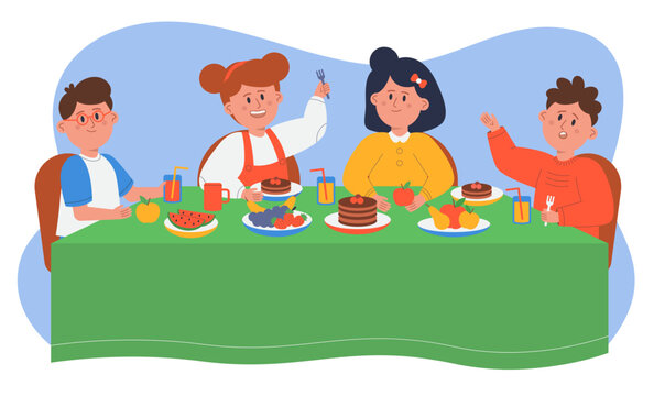 Children friends eating cake on breakfast, lunch or dinner. Boys and girls sitting at restaurant or cafe table with sweet food together flat vector illustration. Kids party, celebration concept