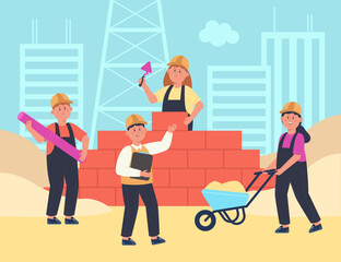 Team of kids builders building house together. Cute professional boys and girls working, workers in helmets laying brick wall at construction site flat vector illustration. Occupation, game concept