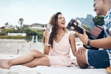 Love, relax and guitar with couple at the beach with champagne on Cancun vacation for travel,...