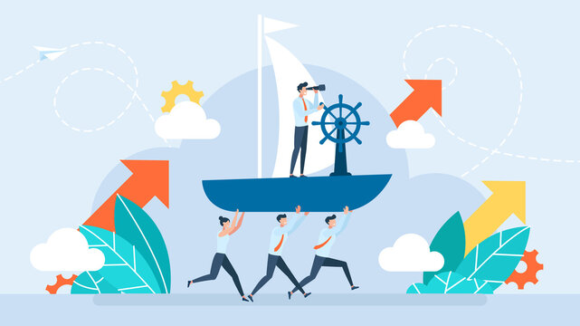 Business management. Smart businessman boat captain control steering wheel helm with telescope vision. Leadership to lead company success. Workers carry the ship. Teamwork. Flat illustration
